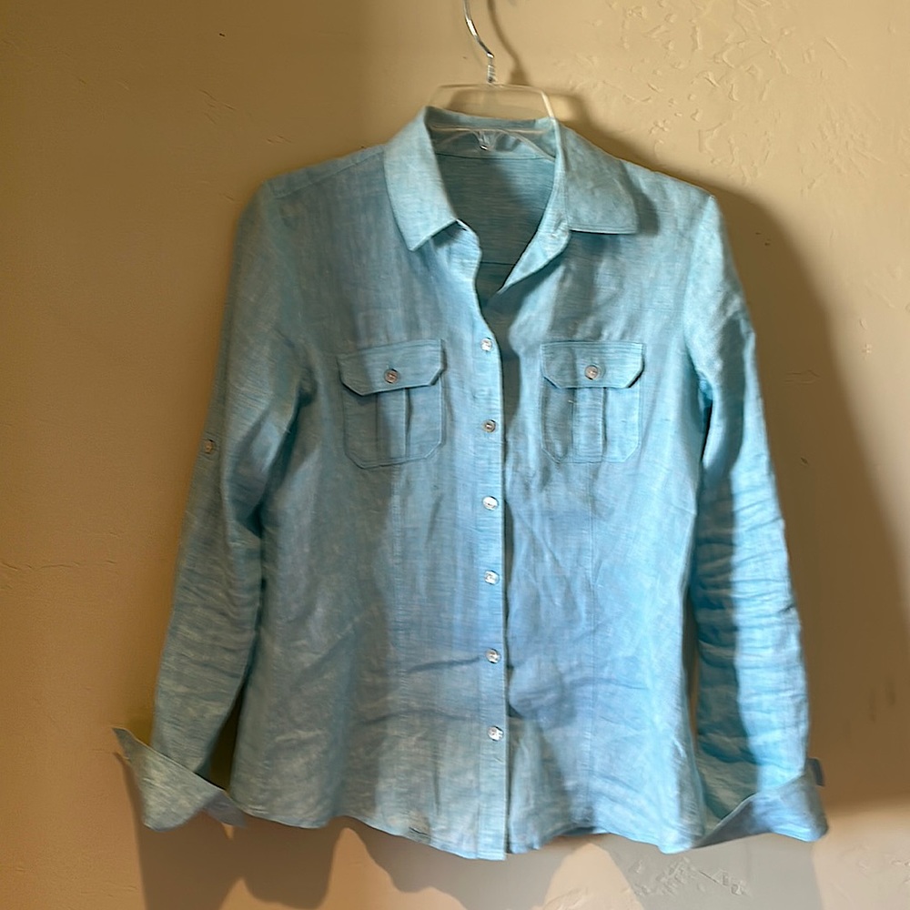 BLUE by Saks Fifth Avenue aqua linen button down